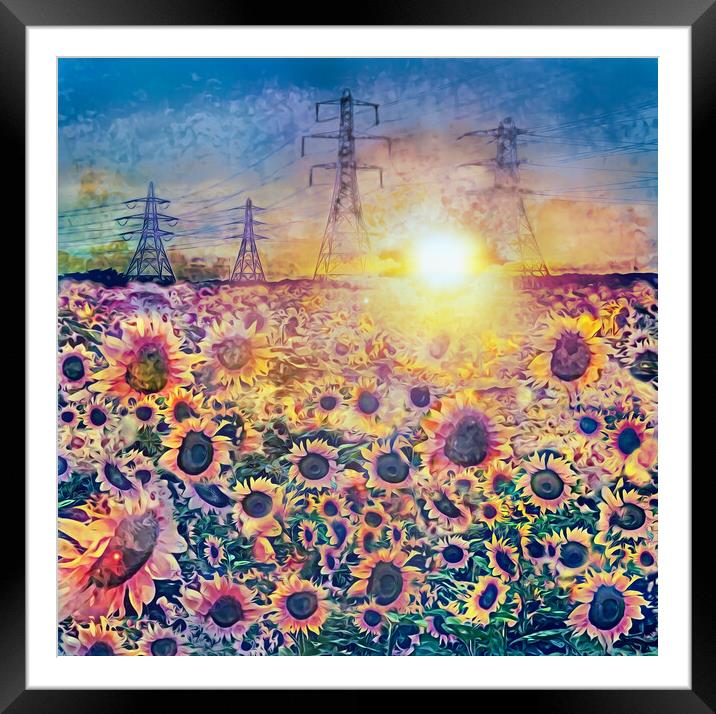SUNFLOWERS & PYLONS Framed Mounted Print by LG Wall Art