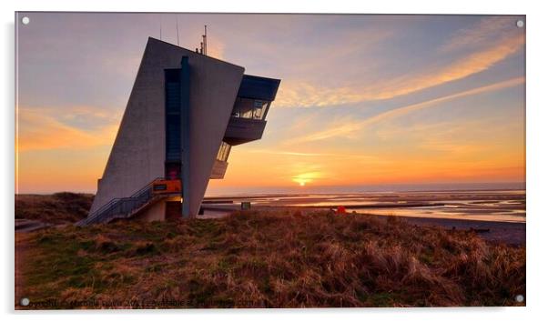Rossall Point Watch Tower sunset Acrylic by Michele Davis