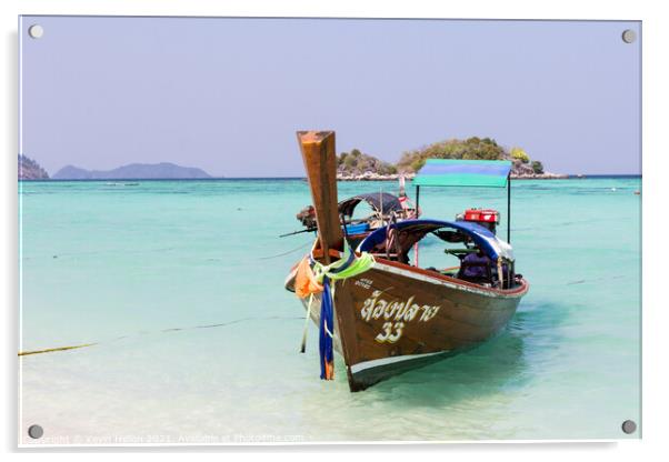 Long Tail boat at anchor, Koh Lipe Acrylic by Kevin Hellon