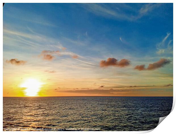 sunset and yellow sky and ocean Print by Anish Punchayil Sukumaran