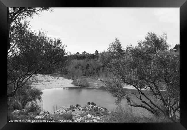 A view from Pont du Diable - Devils Bridge in monochrome Framed Print by Ann Biddlecombe