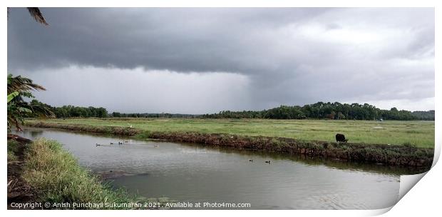 cloudy sky and clam river Print by Anish Punchayil Sukumaran