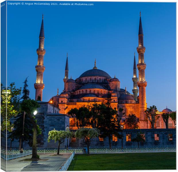 Blue Mosque at dusk Canvas Print by Angus McComiskey