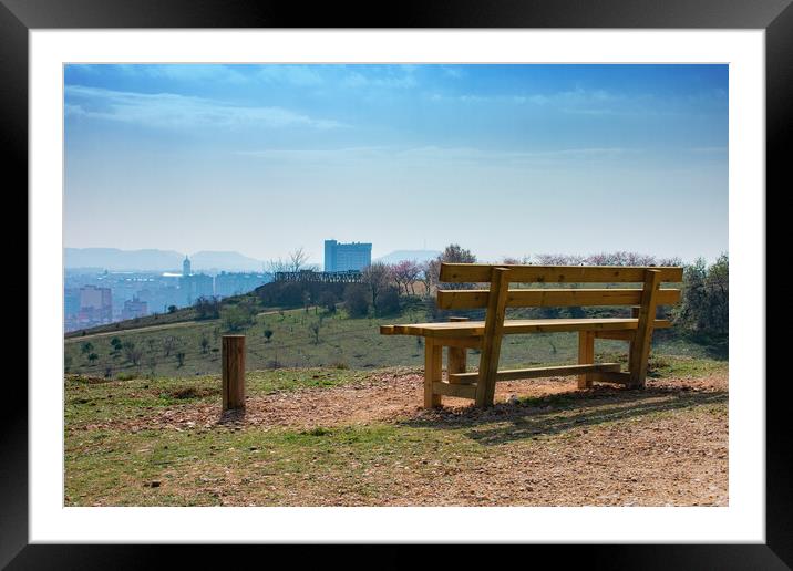 empty wooden bench in spring park over the city Framed Mounted Print by David Galindo