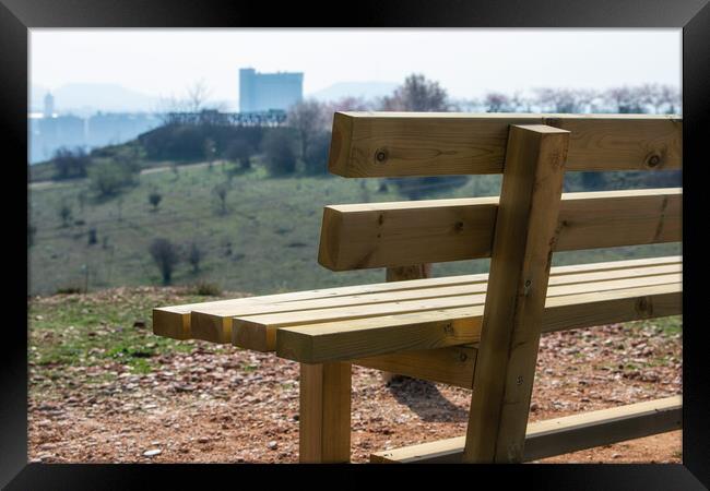 close empty wooden bench in spring park over the city Framed Print by David Galindo