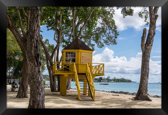 Life guard tower on the Beach, Barbados Framed Print by Jo Sowden