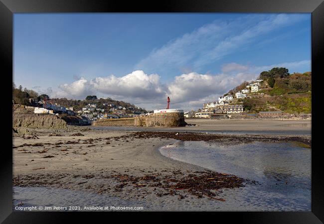 Low spring tide at the banjo pier Looe Cornwall Framed Print by Jim Peters