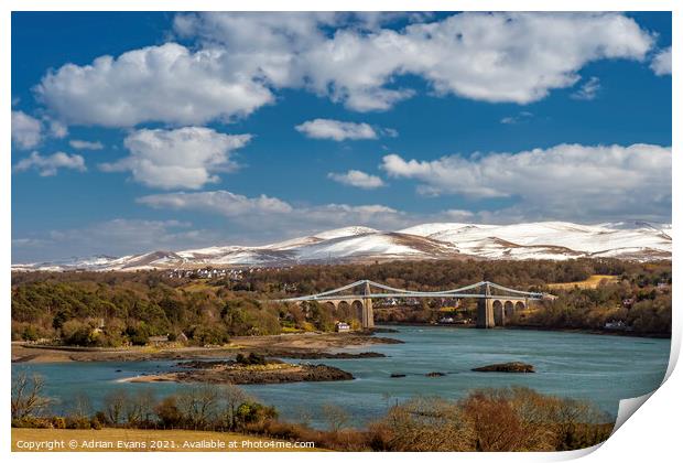 Menai Bridge Snowdon Anglesey Print by Adrian Evans