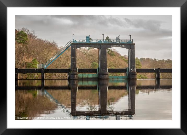 Flood gates reflecting on Earlstoun Loch at Earlstound Dam Framed Mounted Print by SnapT Photography