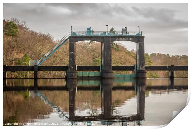 Flood gates reflecting on Earlstoun Loch at Earlstound Dam Print by SnapT Photography