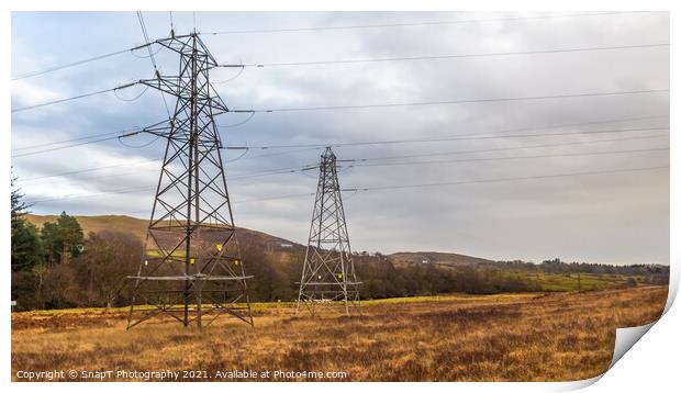 Electricity pylons in a field on a cloudy day in winter at Kendoon Power Station Print by SnapT Photography