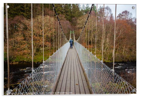 Man walking over an old wooden suspension bridge across a river in Scotland Acrylic by SnapT Photography