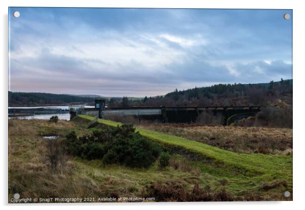 Deugh Dam and Kendoon Loch at sunset in winter near Carsphairn, Scotland Acrylic by SnapT Photography