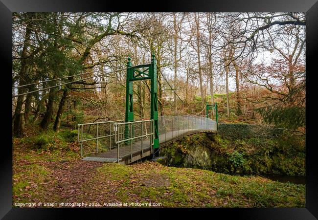 Green suspension bridge over a deep gorge and river in a forest in Scotland Framed Print by SnapT Photography
