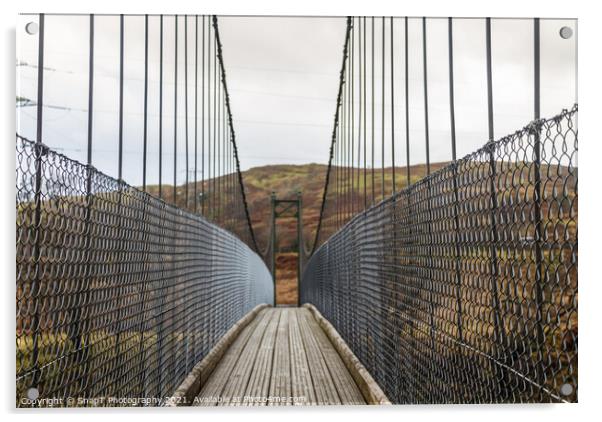 View across a wooden suspension bridge in the Scottish highlands Acrylic by SnapT Photography