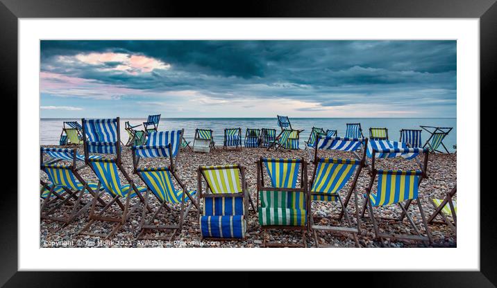 Deck Chairs at Beer Framed Mounted Print by Jim Monk