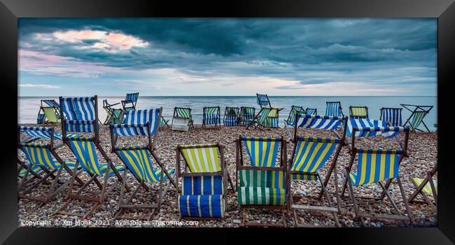 Deck Chairs at Beer Framed Print by Jim Monk