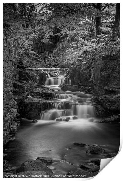 A  waterfall in a forest Print by steven bostock