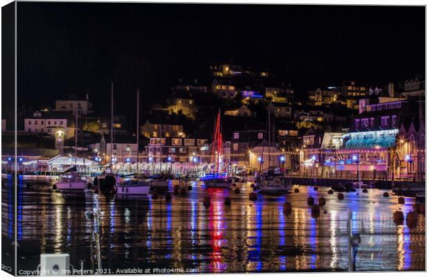 Christmas lights in Looe Harbour Canvas Print by Jim Peters