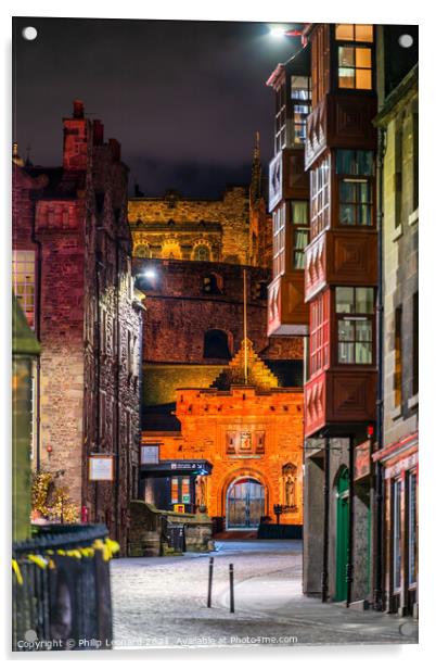 View up the Royal Mile Edinburgh Scotland. Acrylic by Philip Leonard