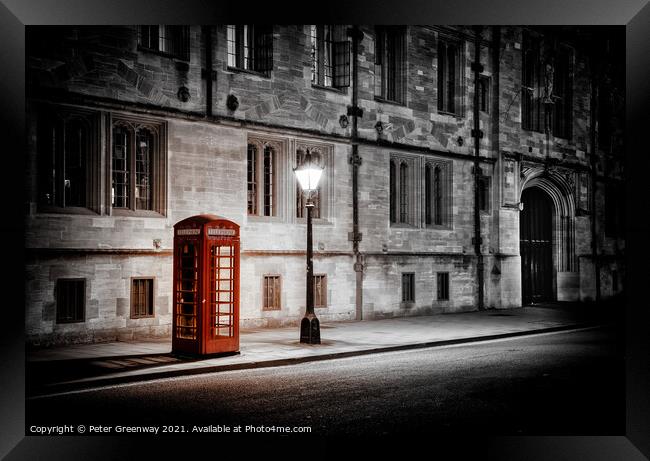 Illuminated Red Telephone Box In St Giles, Oxford Framed Print by Peter Greenway
