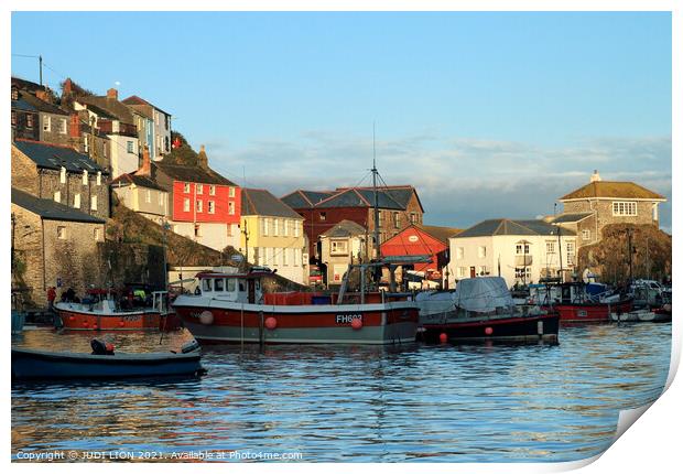 Boats in Mevagissey Harbour Print by JUDI LION