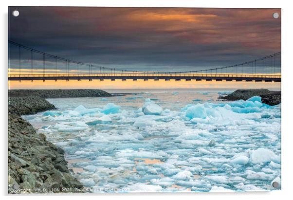 Chunks of Ice under the Bridge at sunset Acrylic by JUDI LION