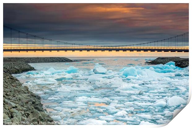 Chunks of Ice under the Bridge at sunset Print by JUDI LION