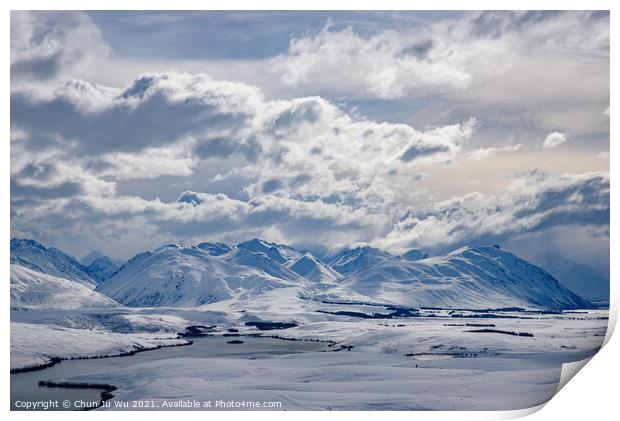 Mountains and land covered by snow in winter in New Zealand Print by Chun Ju Wu