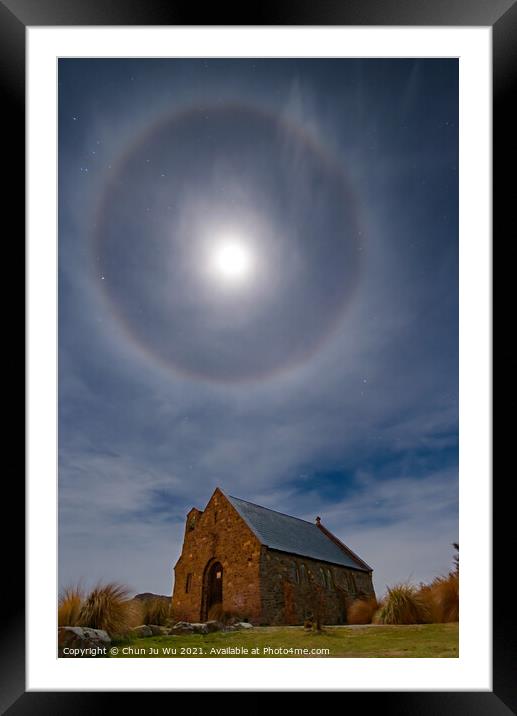 Moon Halo and Church of the Good Shepherd at night in Lake Tekapo, South Island, New Zealand Framed Mounted Print by Chun Ju Wu