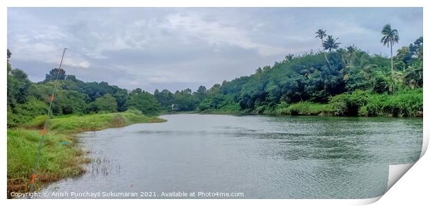 Fishing near the banks of meenachil river and trees and coconut trees Print by Anish Punchayil Sukumaran