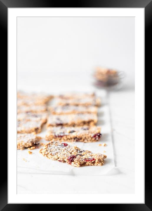 Vegan Energy Oat Bars With Coconut, Rice Puffs and Dried Cranberries Framed Mounted Print by Radu Bercan