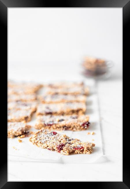 Vegan Energy Oat Bars With Coconut, Rice Puffs and Dried Cranberries Framed Print by Radu Bercan