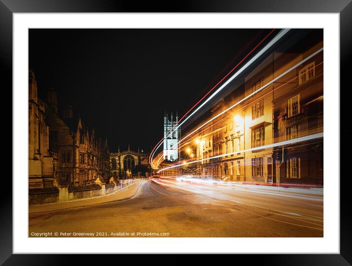 Traffic Light Trails Past Oxford University Magdal Framed Mounted Print by Peter Greenway