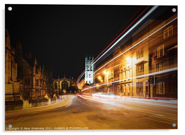 Traffic Light Trails Past Oxford University Magdal Acrylic by Peter Greenway