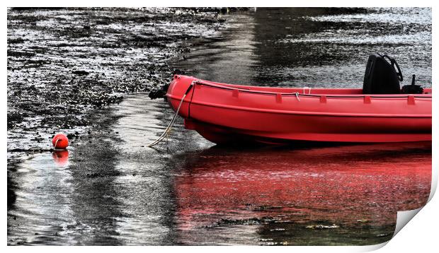 Red boat in water North Wales Print by mark humpage