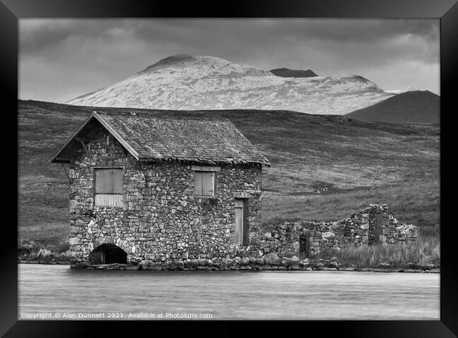 Devoke Water Boathouse mono Framed Print by Alan Dunnett