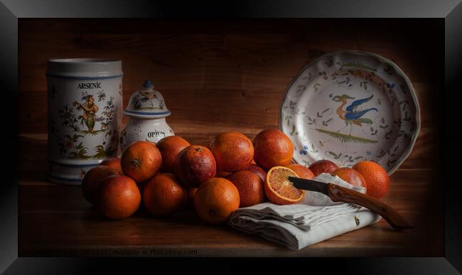 Old Maestra Blood Oranges and French Faience Pottery Framed Print by Jean Gill