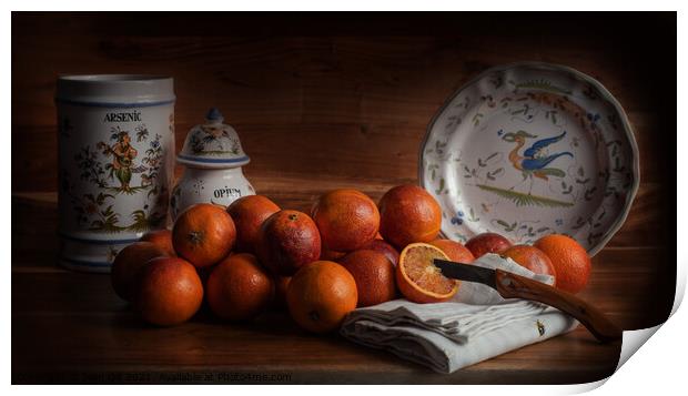 Old Maestra Blood Oranges and French Faience Pottery Print by Jean Gill