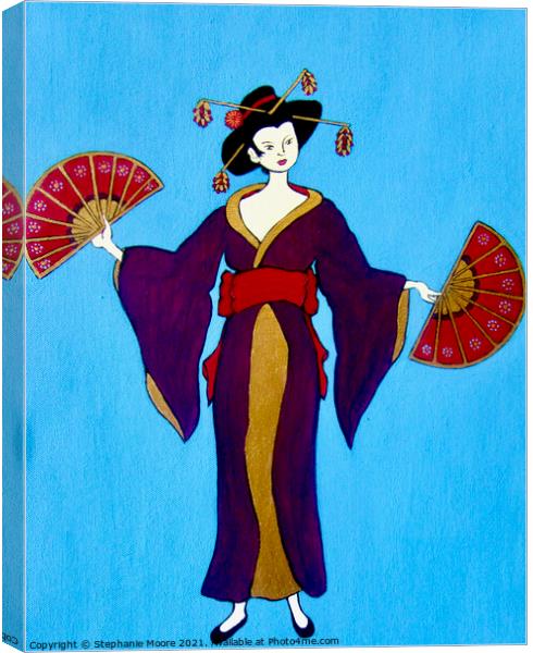 Geisha with Two Fans Canvas Print by Stephanie Moore