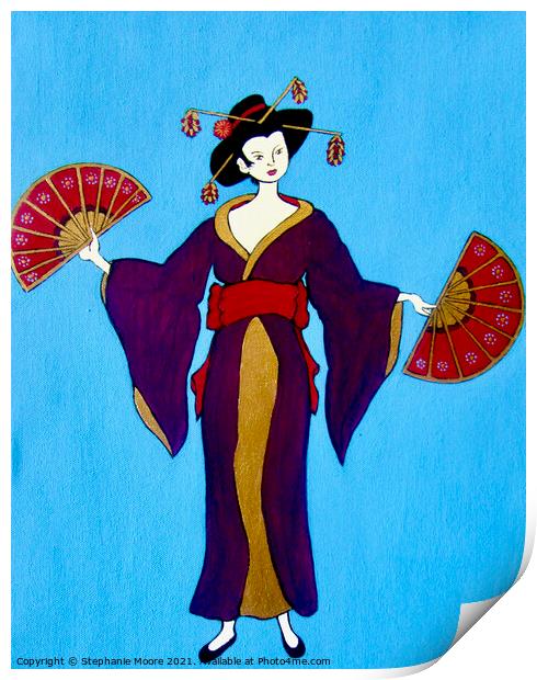 Geisha with Two Fans Print by Stephanie Moore