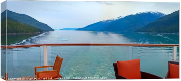 inside passage in Alaska for ship. view of mountain and ocean from a cruise ships open bar Canvas Print by Anish Punchayil Sukumaran