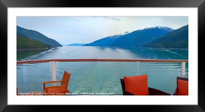 inside passage in Alaska for ship. view of mountain and ocean from a cruise ships open bar Framed Mounted Print by Anish Punchayil Sukumaran