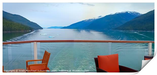 inside passage in Alaska for ship. view of mountain and ocean from a cruise ships open bar Print by Anish Punchayil Sukumaran