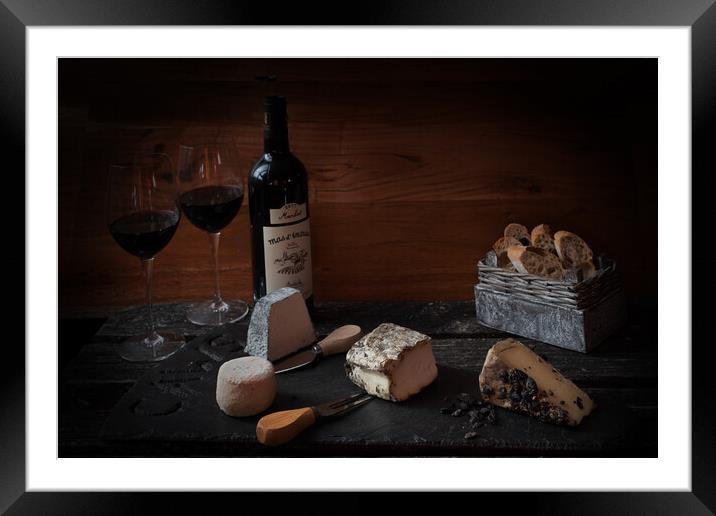 Old Maestra French Cheese and Bottle of Red Wine Framed Mounted Print by Jean Gill