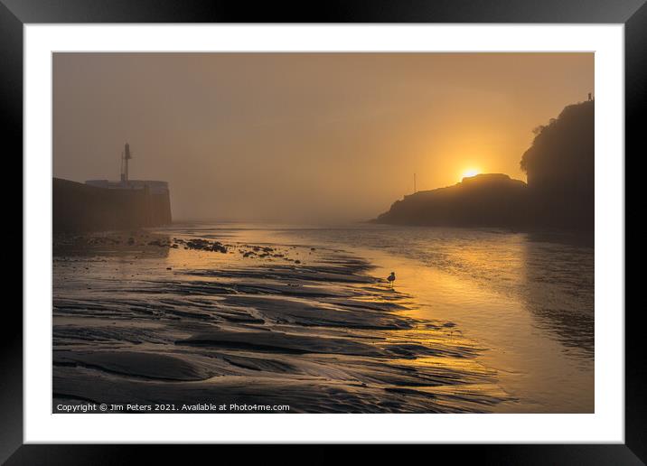 Misty sunrise over white path rock Looe Harbour Framed Mounted Print by Jim Peters