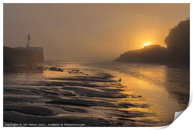 Misty sunrise over white path rock Looe Harbour Print by Jim Peters