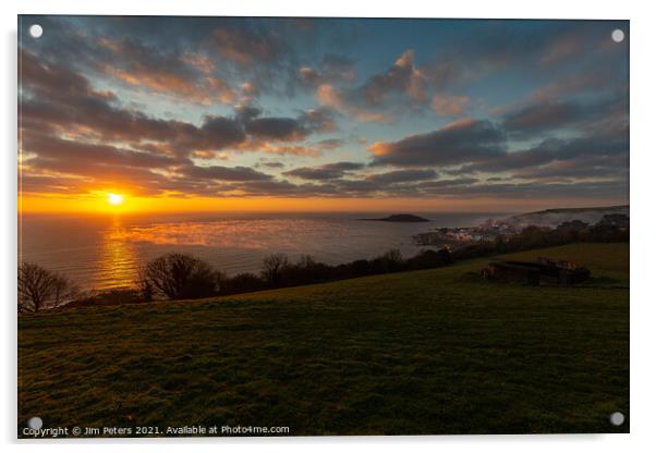 Sunrise in Looe Bay Cornwall Acrylic by Jim Peters
