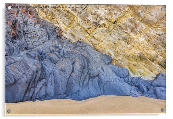 Rock textures and colours on a Pembrokeshire beach Acrylic by Andrew Kearton