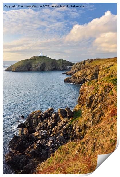 Strumble Head lighthouse at sunset, Pembrokeshire Print by Andrew Kearton